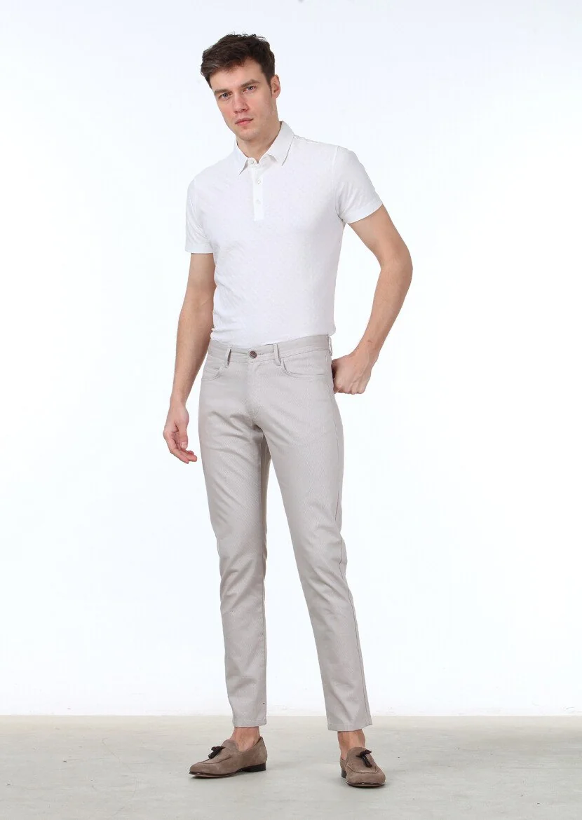 Bej Dokuma Slim Fit Casual Pamuk Karışımlı Pantolon - 1