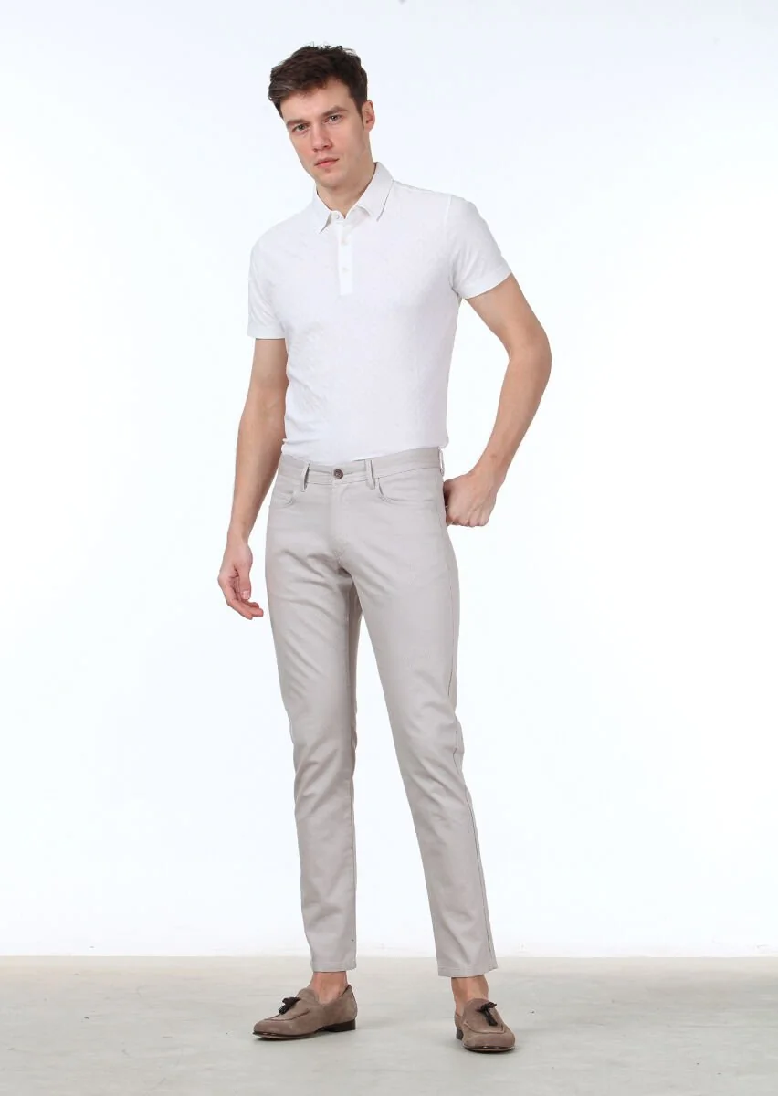Bej Dokuma Slim Fit Casual Pamuk Karışımlı Pantolon - 1