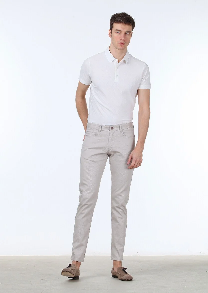 Bej Dokuma Slim Fit Casual Pamuk Karışımlı Pantolon 