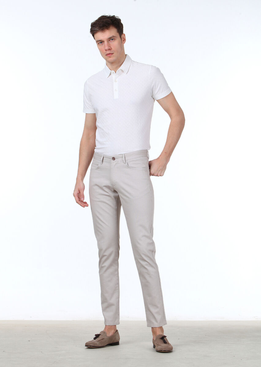 Bej Dokuma Slim Fit Casual Pamuk Karışımlı Pantolon - 1