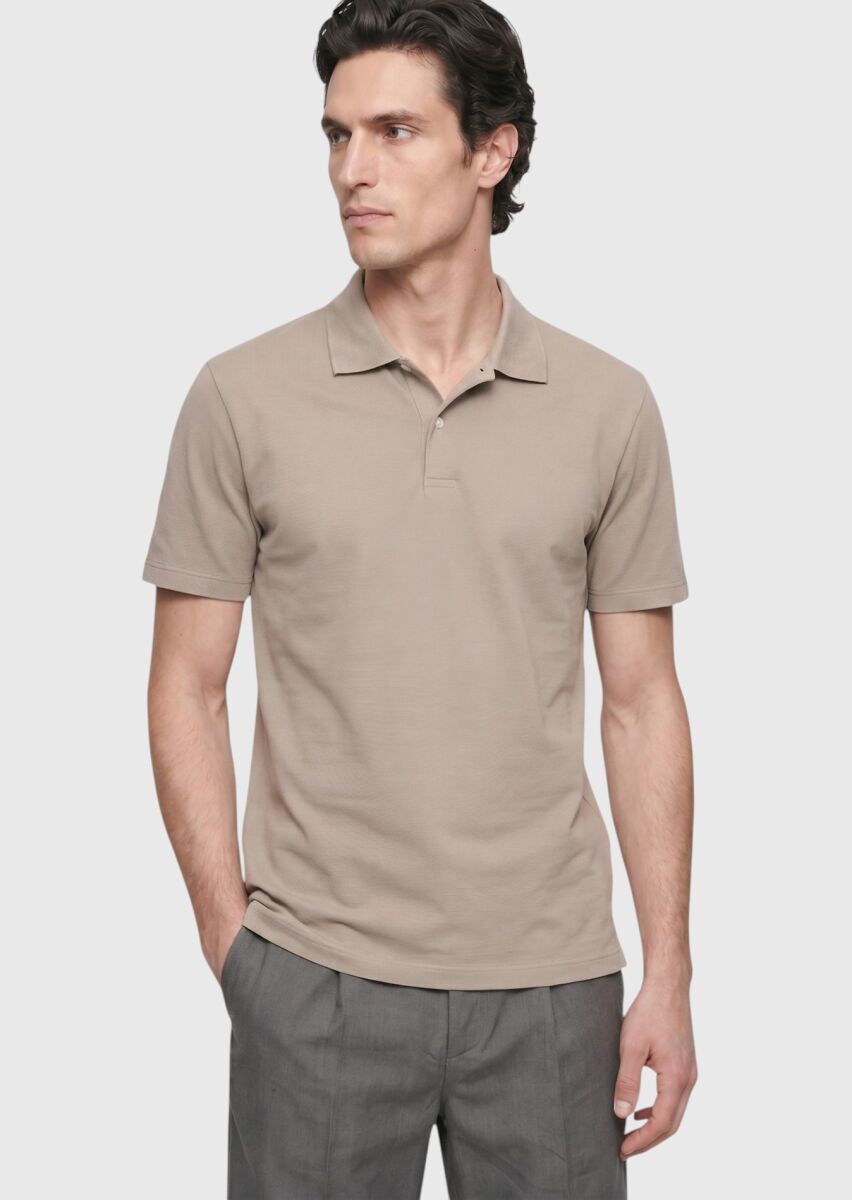 Bej Düz %100 Pamuk T-Shirt - 3