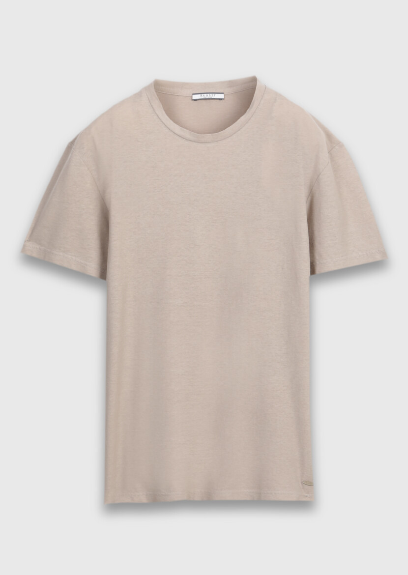 Bej Düz %100 Pamuk T-Shirt - 5