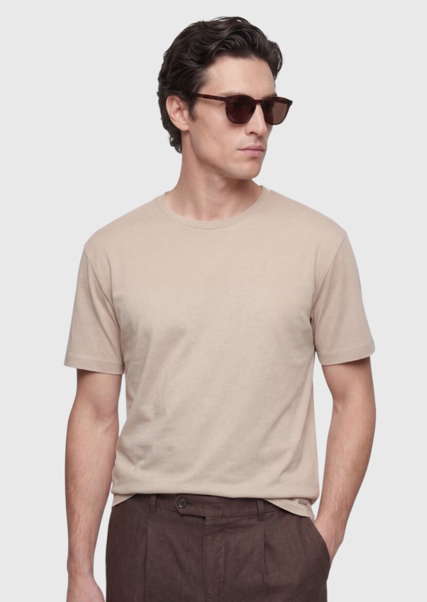 Bej Düz %100 Pamuk T-Shirt - RAMSEY