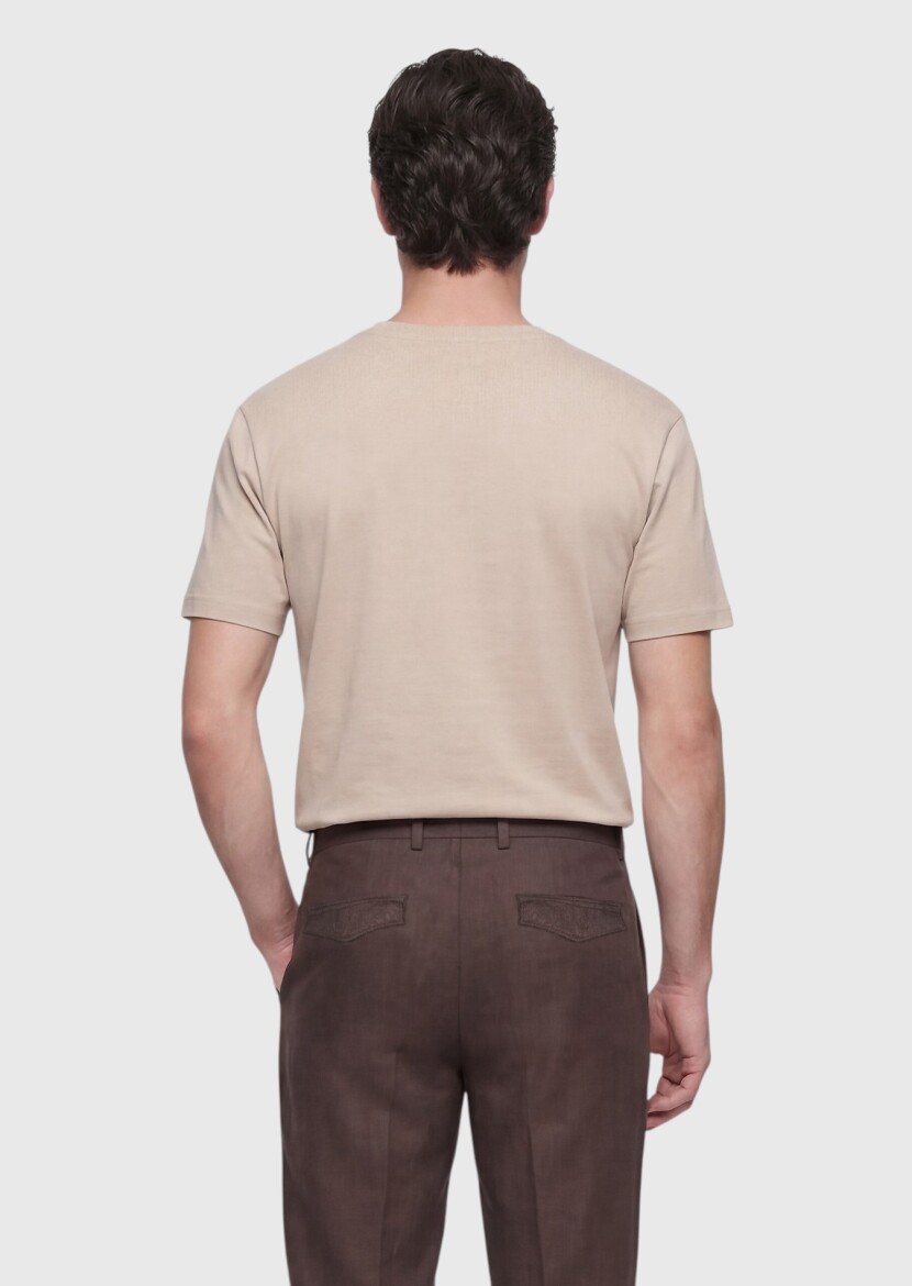 Bej Düz %100 Pamuk T-Shirt - 4