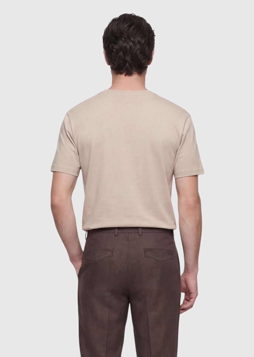 Bej Düz %100 Pamuk T-Shirt - 4