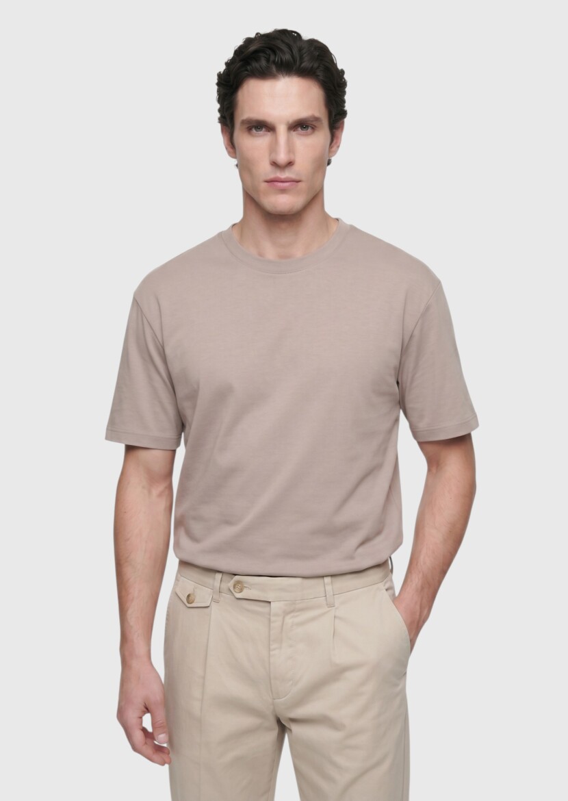 Bej Düz %100 Pamuk T-Shirt - 1