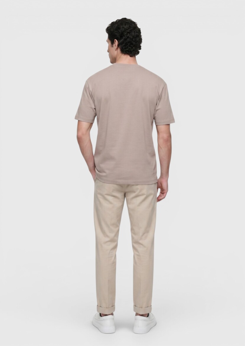 Bej Düz %100 Pamuk T-Shirt - 5