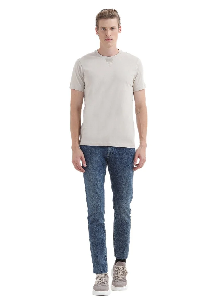 Bej Düz Bisiklet Yaka %100 Pamuk T-Shirt 