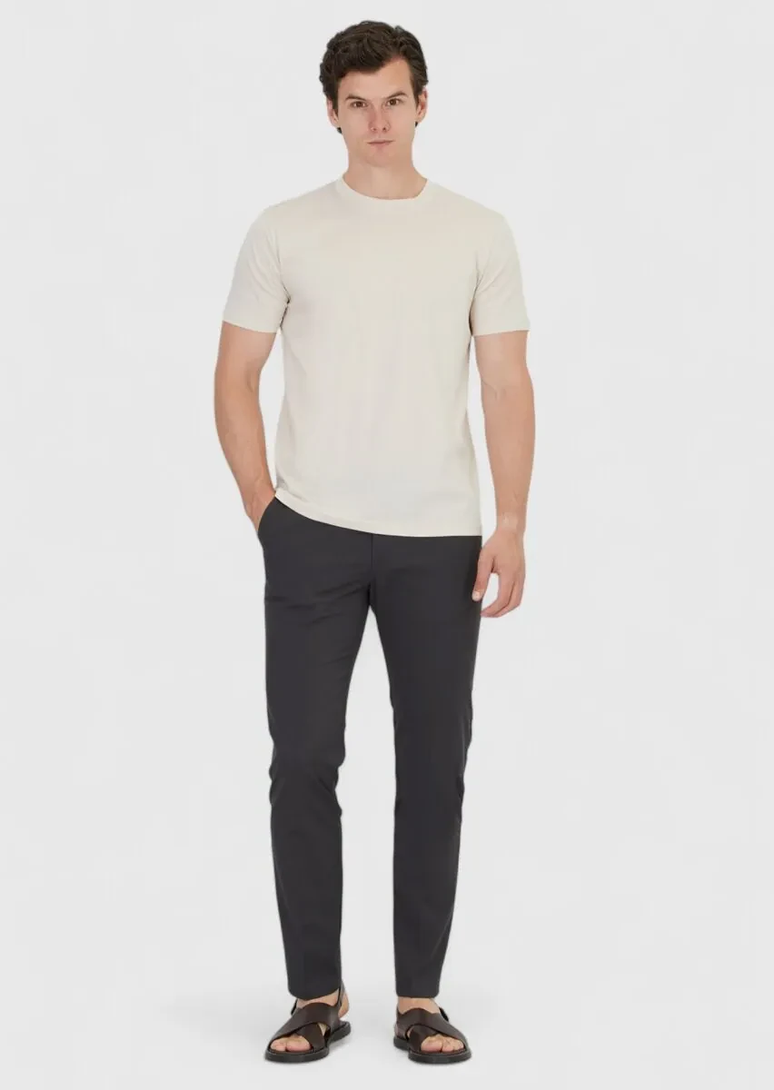 Bej Düz Bisiklet Yaka %100 Pamuk T-Shirt - 2