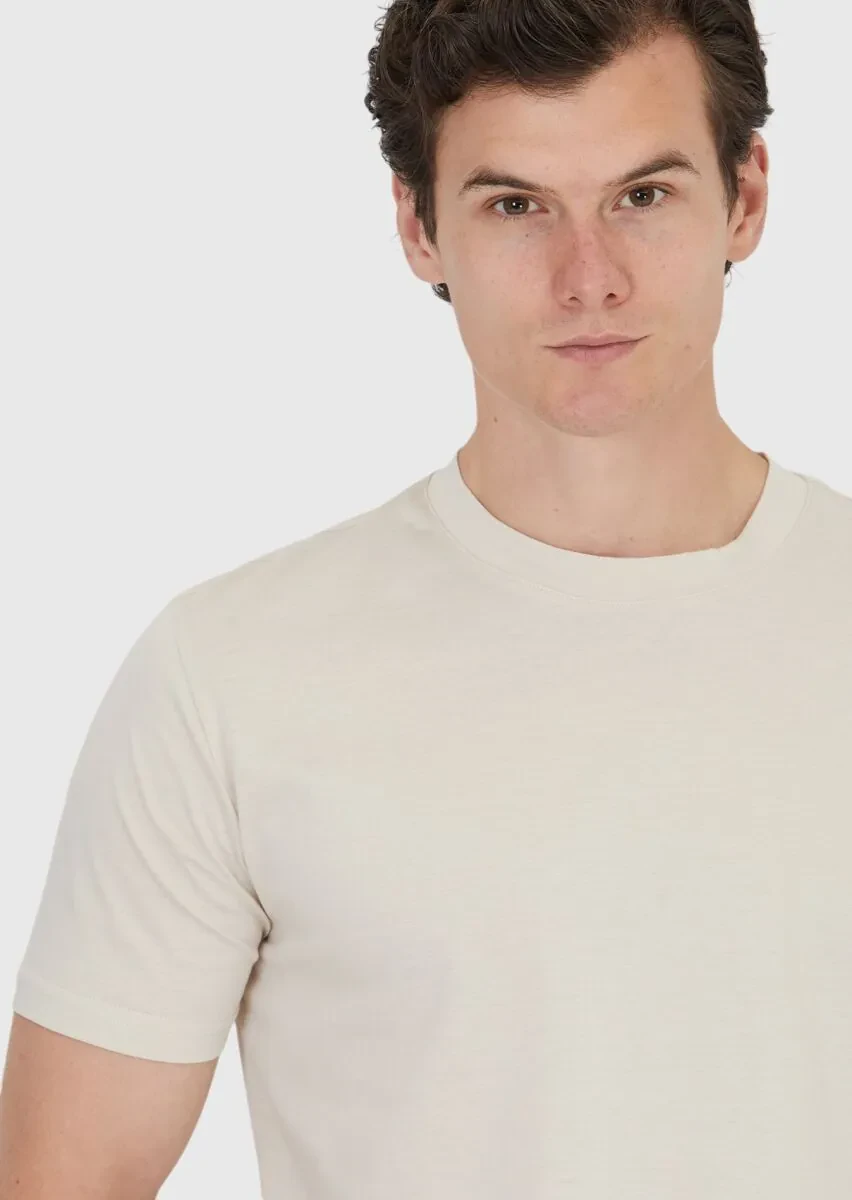 Bej Düz Bisiklet Yaka %100 Pamuk T-Shirt - 3