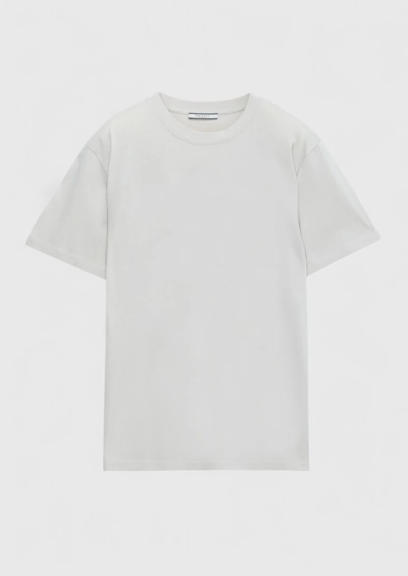 Bej Düz Bisiklet Yaka %100 Pamuk T-Shirt - 6