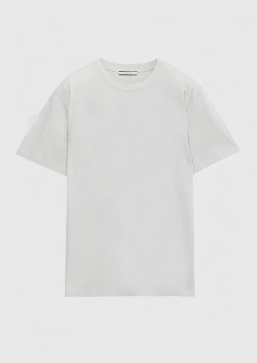 Bej Düz Bisiklet Yaka %100 Pamuk T-Shirt - 6