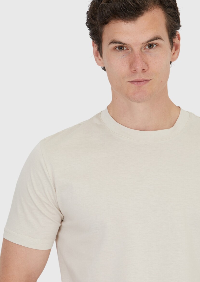 Bej Düz Bisiklet Yaka %100 Pamuk T-Shirt - 3