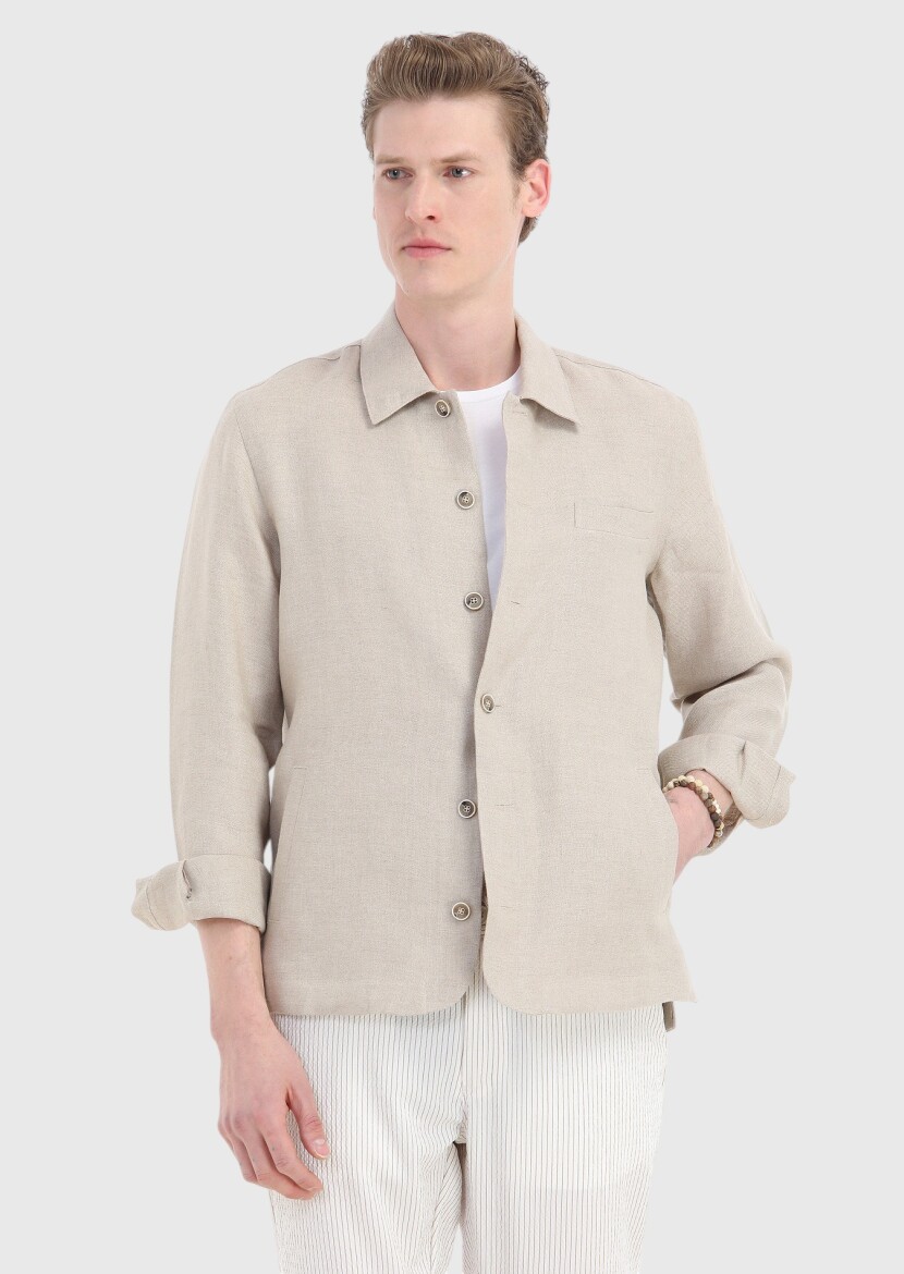 Bej Düz Casual Fit Dokuma %100 Keten Overshırt - 4