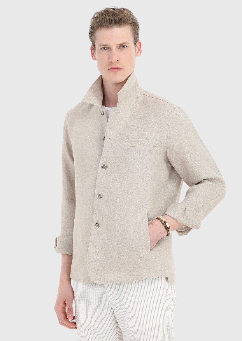 Bej Düz Casual Fit Dokuma %100 Keten Overshırt - 5