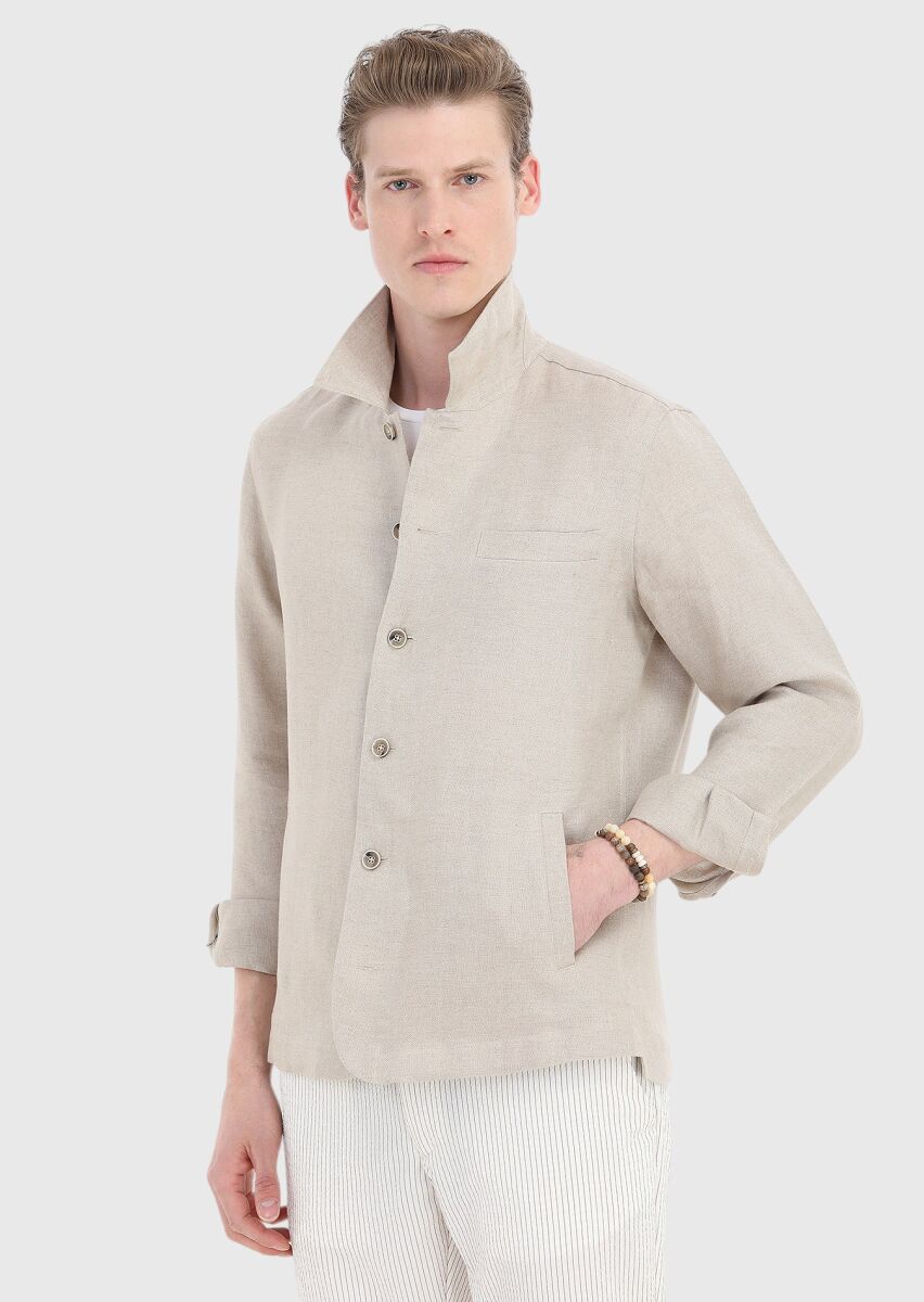 Bej Düz Casual Fit Dokuma %100 Keten Overshırt - 5