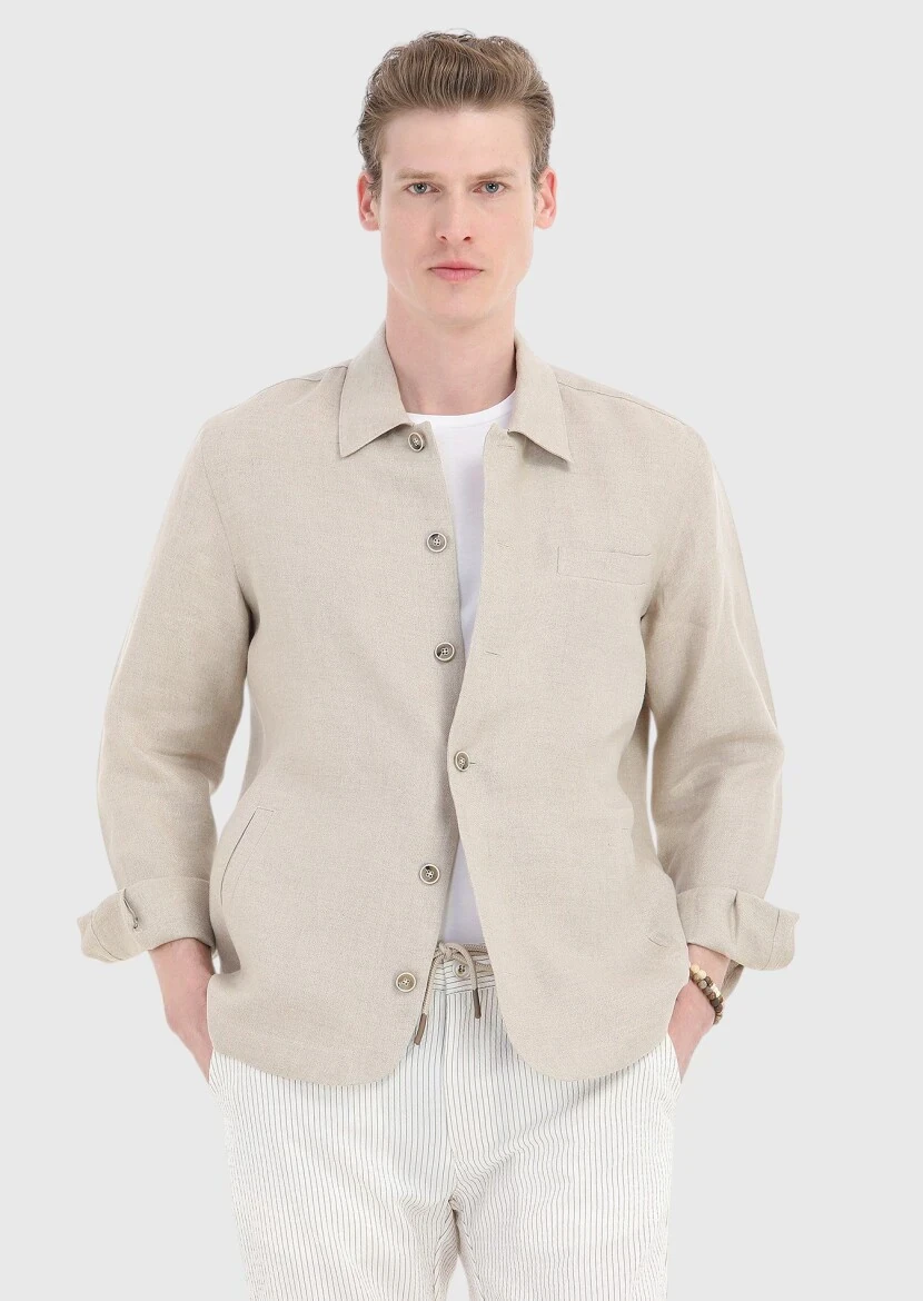 Bej Düz Casual Fit Dokuma %100 Keten Overshırt - 2