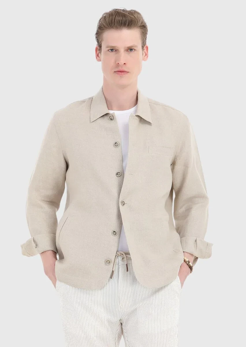 Bej Düz Casual Fit Dokuma %100 Keten Overshırt - 2