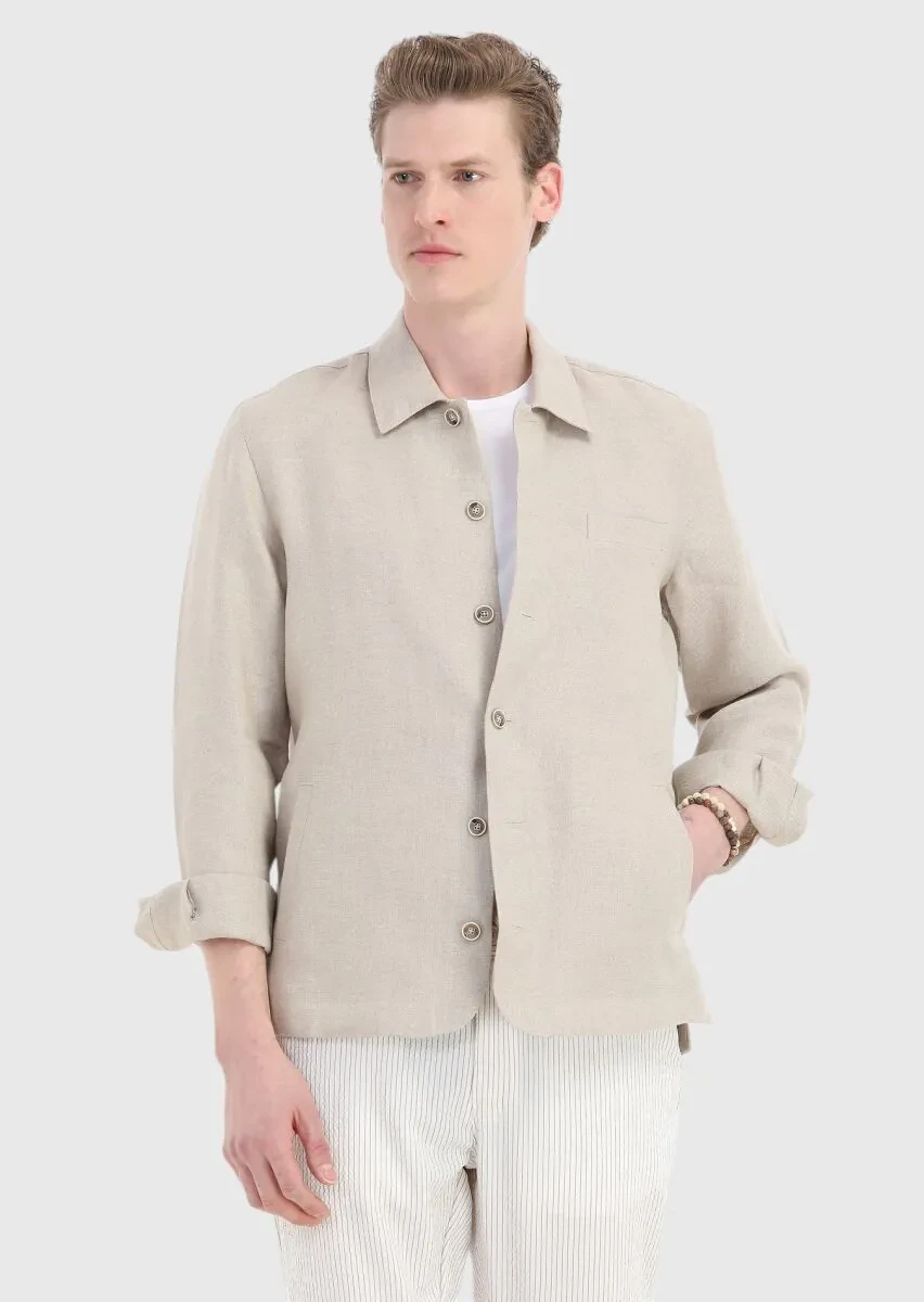 Bej Düz Casual Fit Dokuma %100 Keten Overshırt - 4