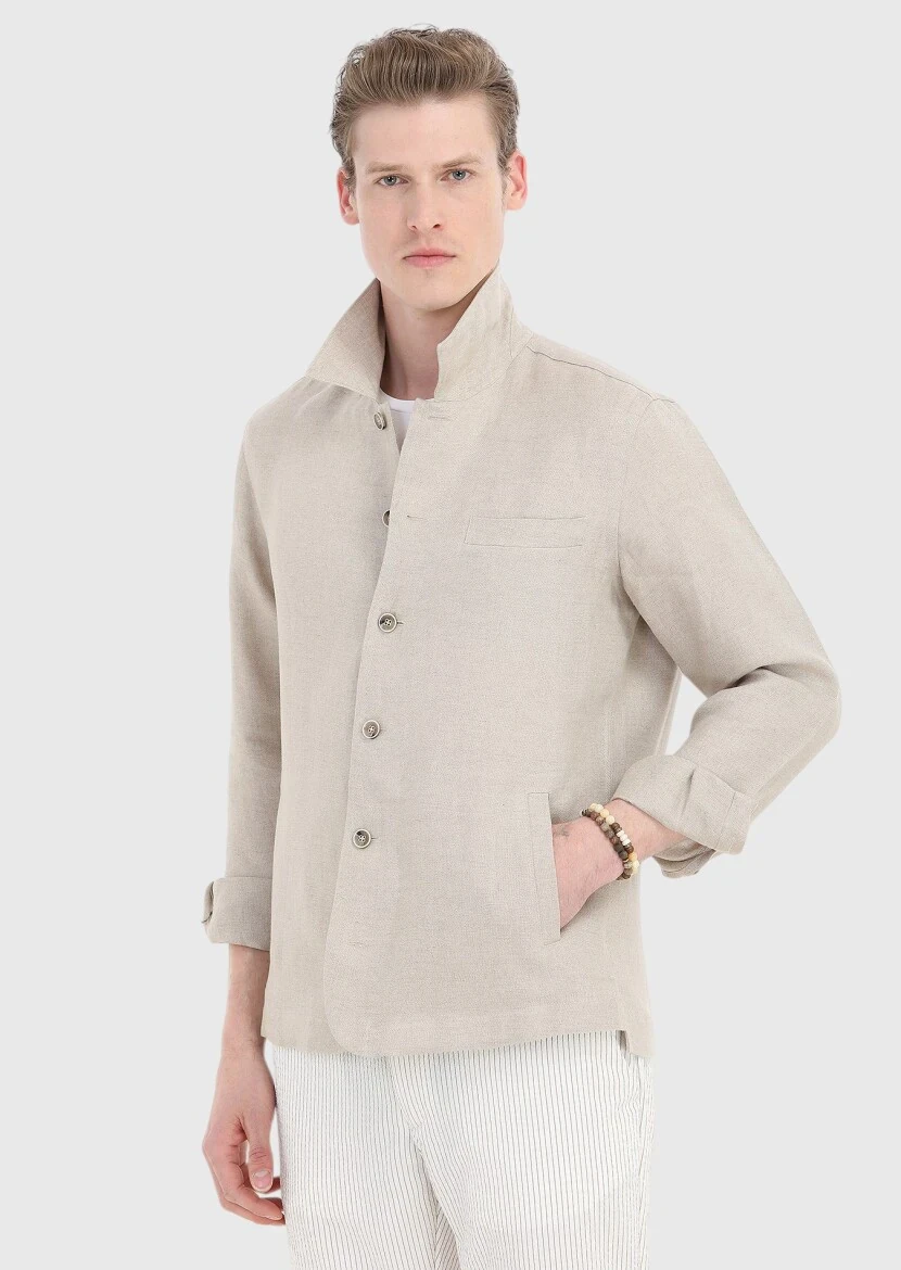 Bej Düz Casual Fit Dokuma %100 Keten Overshırt - 5