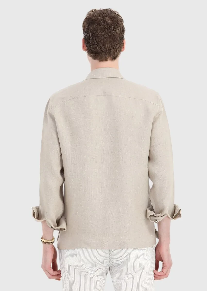 Bej Düz Casual Fit Dokuma %100 Keten Overshırt - 7