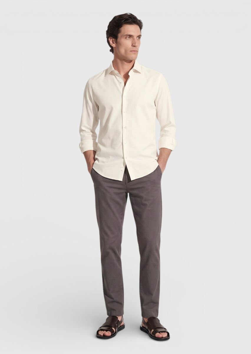 Bej Düz Casual Fit Dokuma Casual %100 Pamuk Gömlek - 2