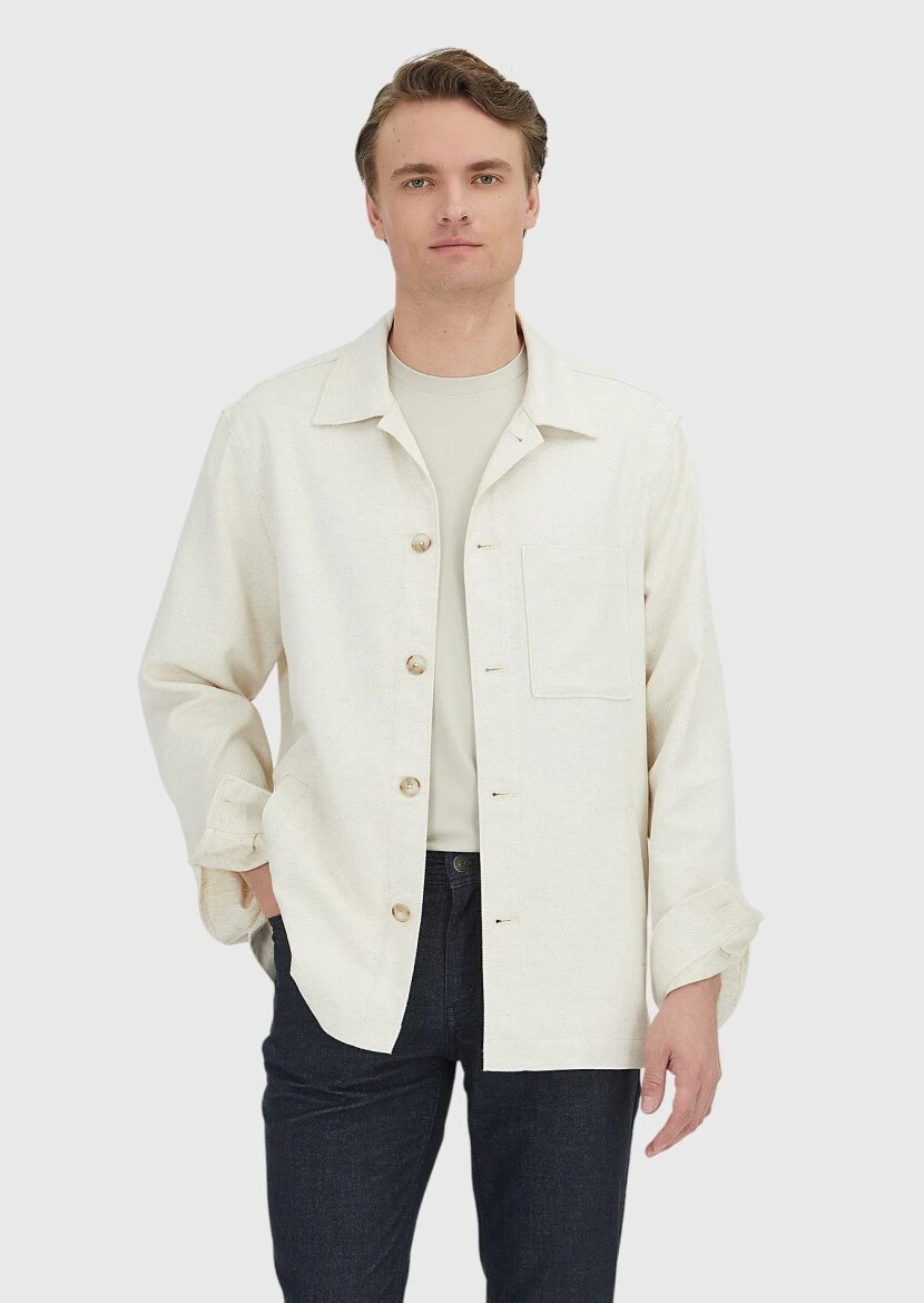 Bej Düz Casual Fit Dokuma Pamuk Karışımlı Overshırt - 3