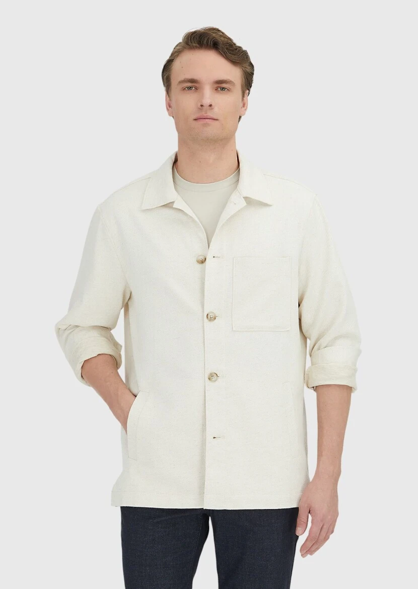 Bej Düz Casual Fit Dokuma Pamuk Karışımlı Overshırt - 5