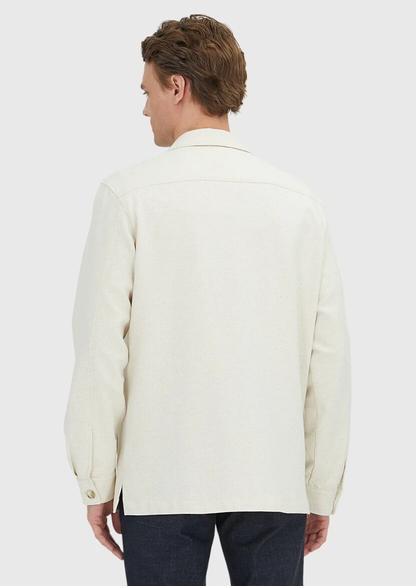 Bej Düz Casual Fit Dokuma Pamuk Karışımlı Overshırt - 7