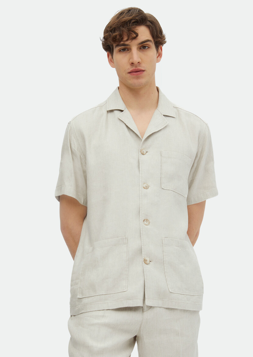 Bej Düz Casual Fit Kısa Dokuma Keten Karışımlı Overshırt - 1