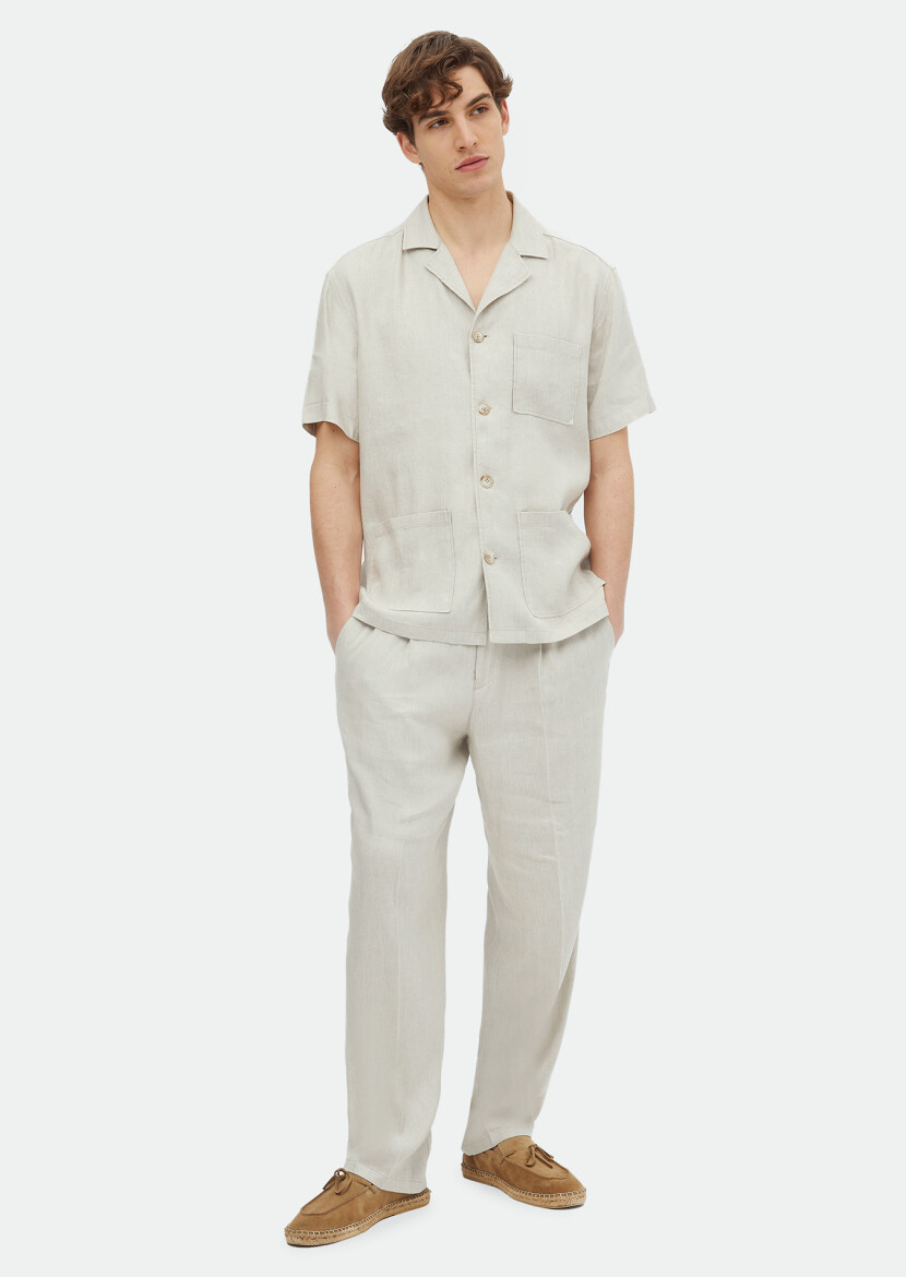 Bej Düz Casual Fit Kısa Dokuma Keten Karışımlı Overshırt - 2