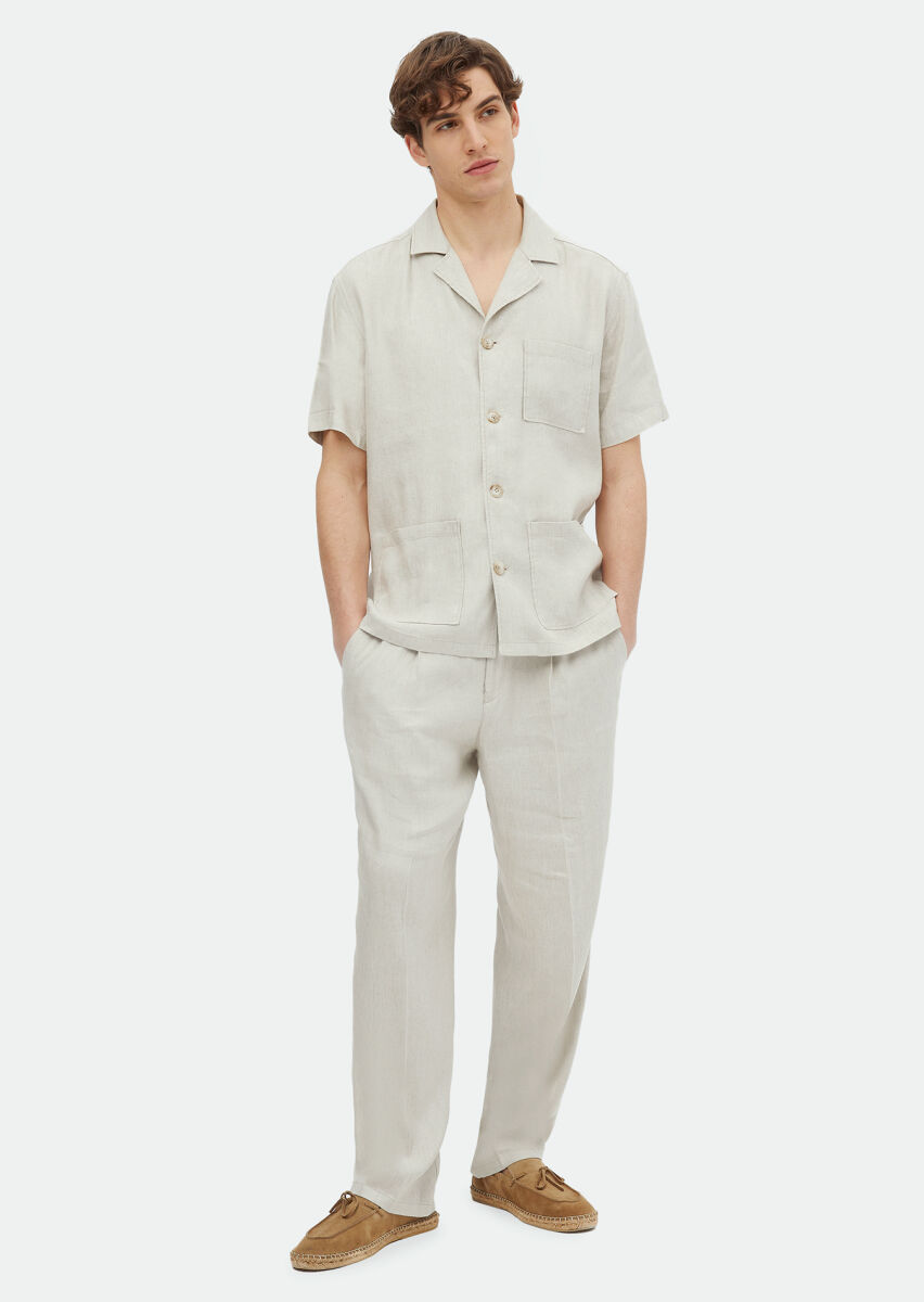Bej Düz Casual Fit Kısa Dokuma Keten Karışımlı Overshırt - 2