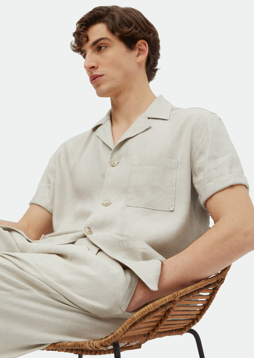 Bej Düz Casual Fit Kısa Dokuma Keten Karışımlı Overshırt - 3