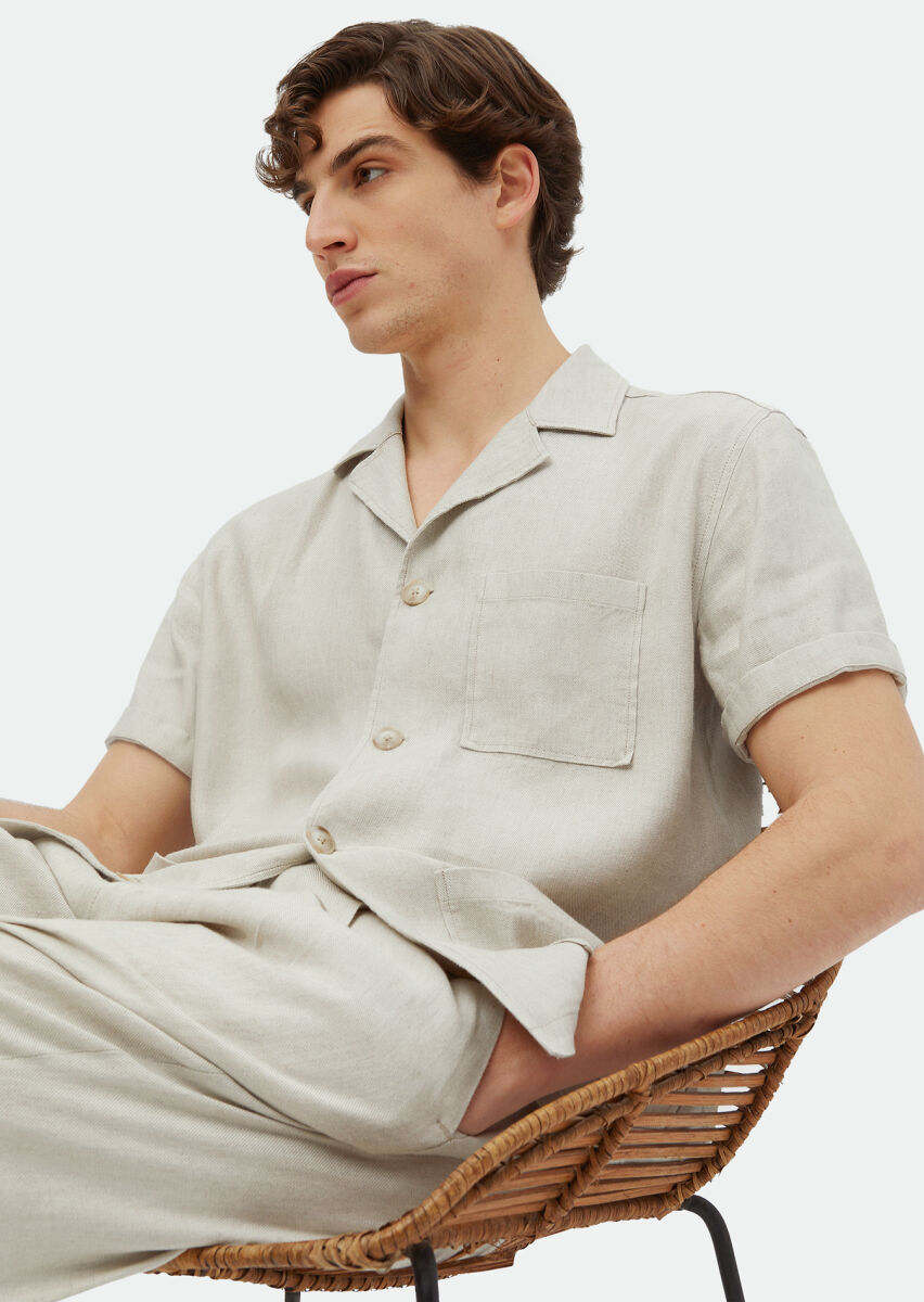 Bej Düz Casual Fit Kısa Dokuma Keten Karışımlı Overshırt - 3