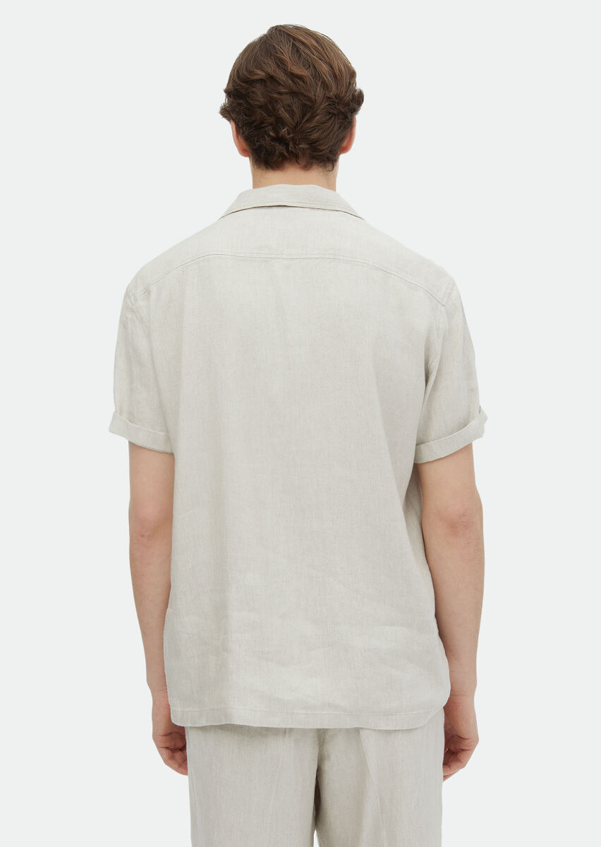 Bej Düz Casual Fit Kısa Dokuma Keten Karışımlı Overshırt - 6