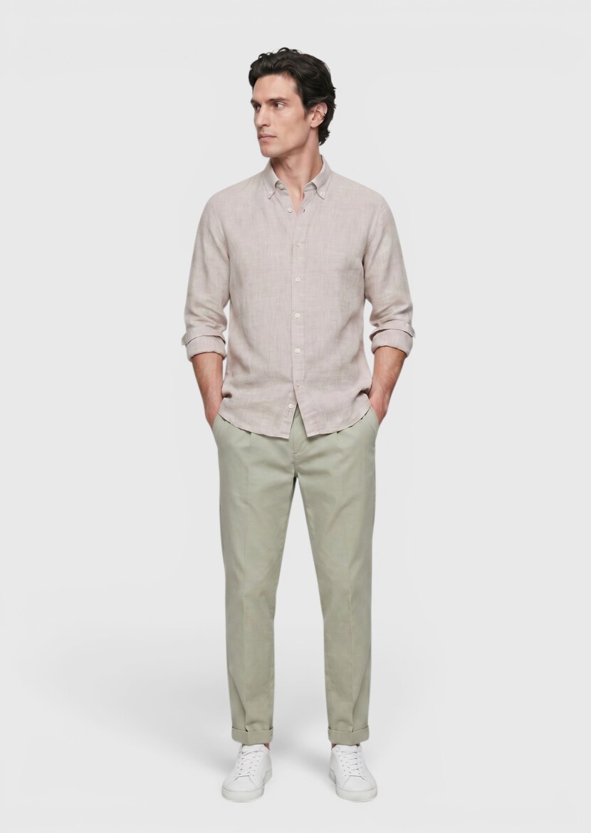 Bej Düz Casual Fit Uzun Dokuma Casual %100 Keten Gömlek - RAMSEY