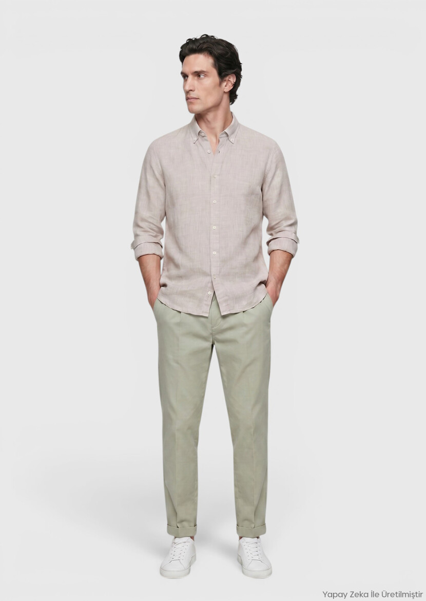 Bej Düz Casual Fit Uzun Dokuma Casual %100 Keten Gömlek - RAMSEY