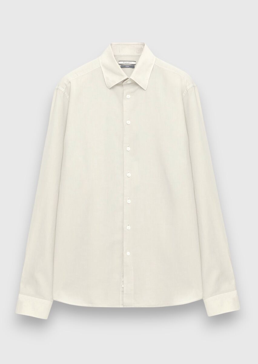 Bej Düz Casual Fit Uzun Dokuma Casual %100 Pamuk Gömlek - 6