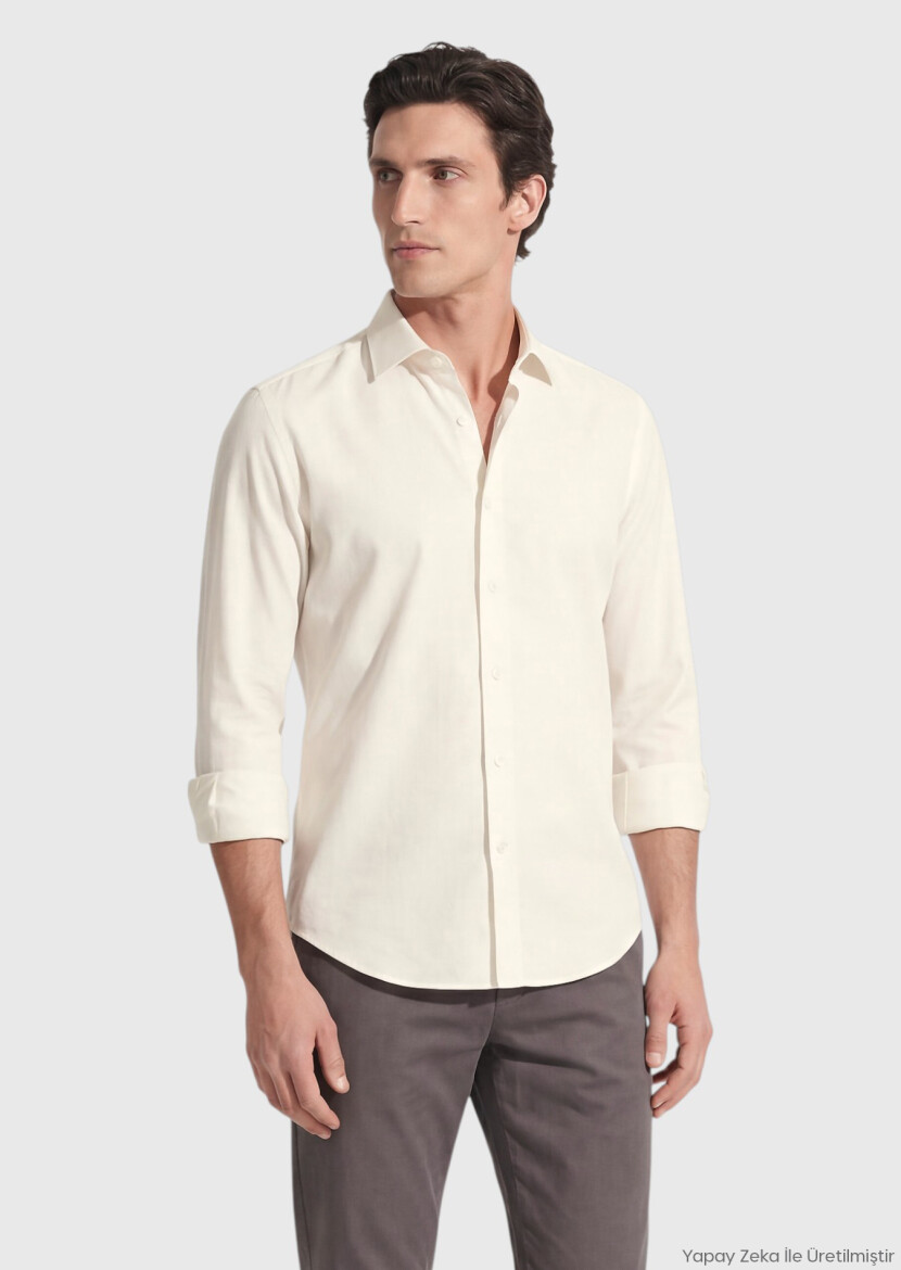 Bej Düz Casual Fit Uzun Dokuma Casual %100 Pamuk Gömlek 