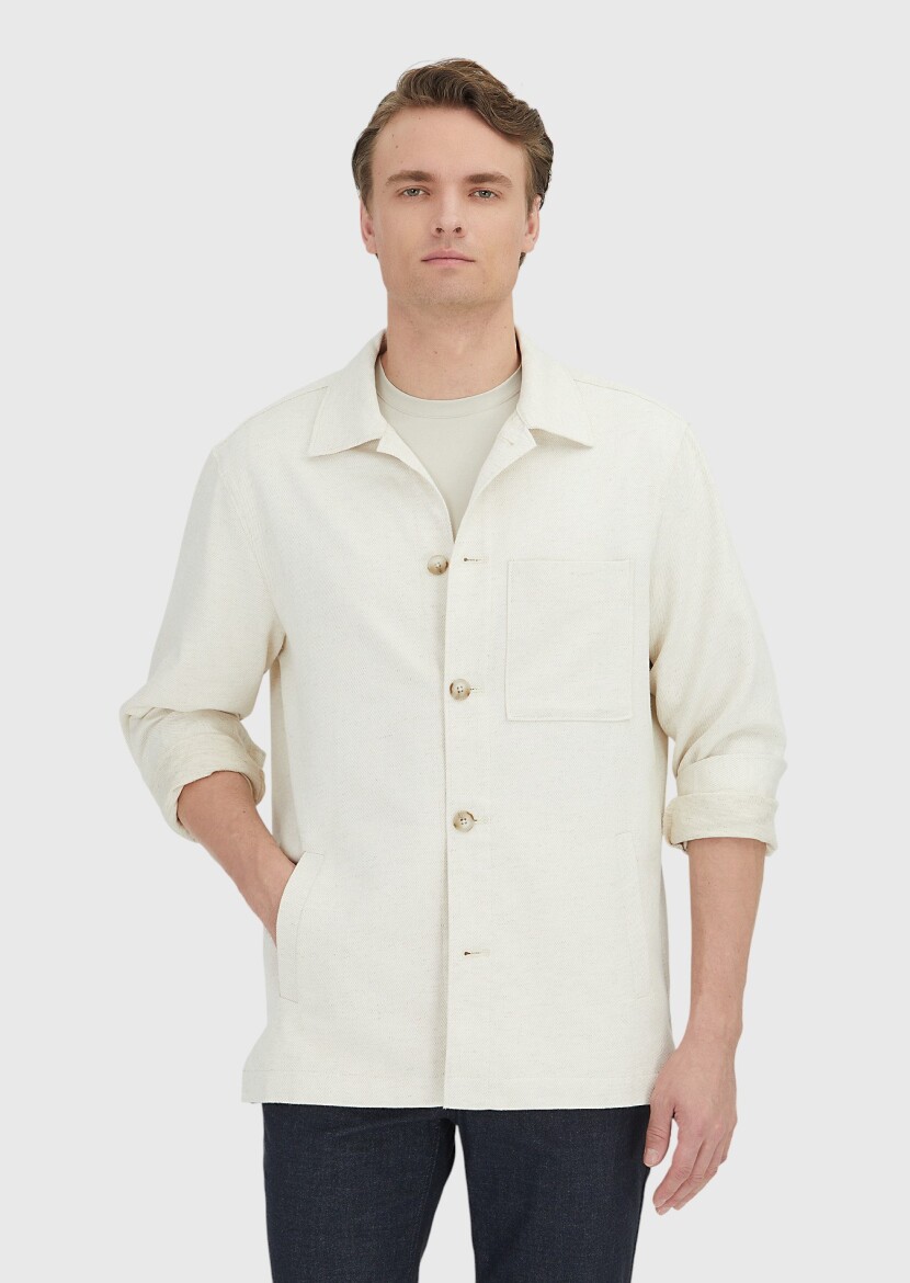Bej Düz Casual Fit Uzun Dokuma Pamuk Karışımlı Overshırt - 5