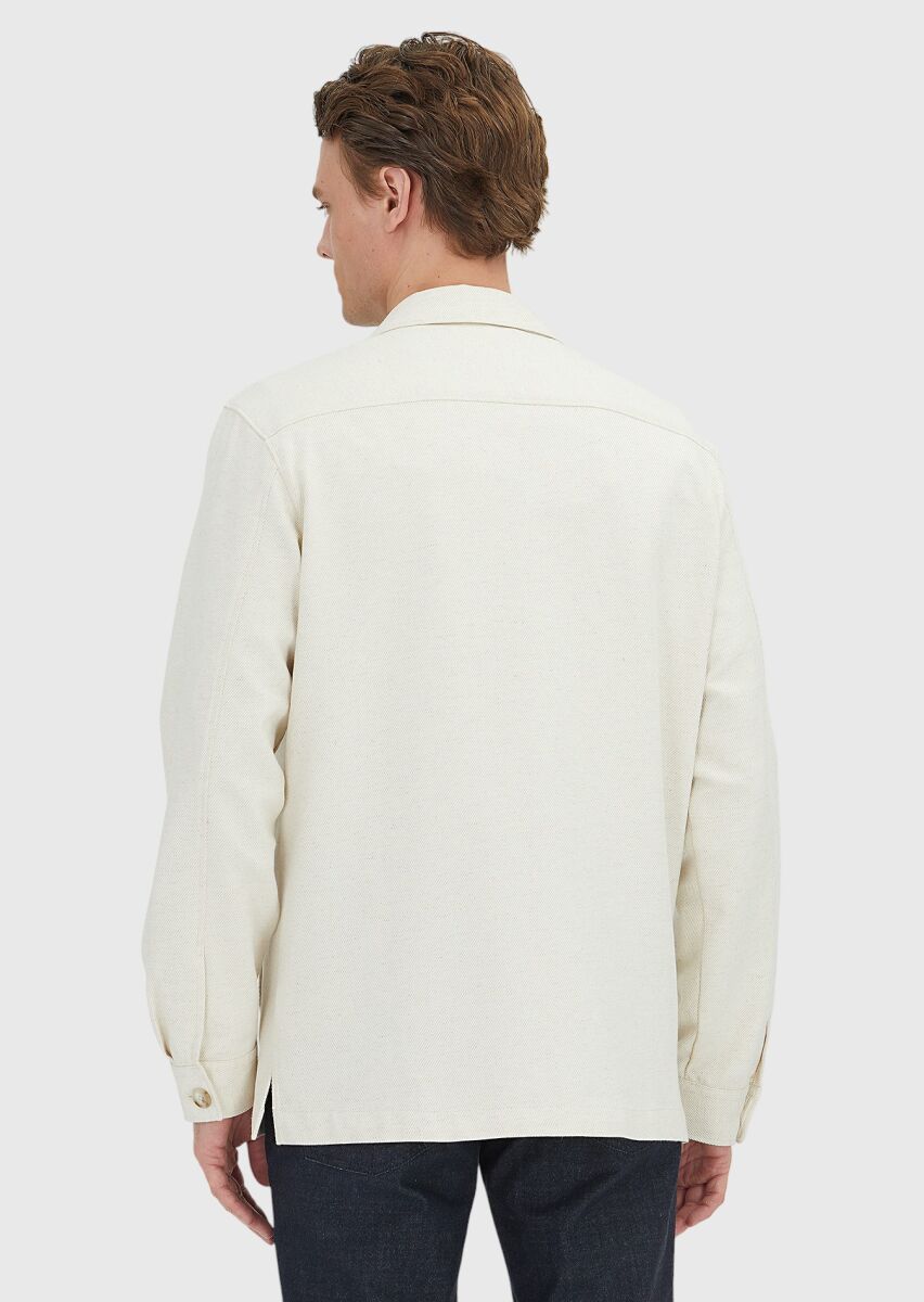 Bej Düz Casual Fit Uzun Dokuma Pamuk Karışımlı Overshırt - 7
