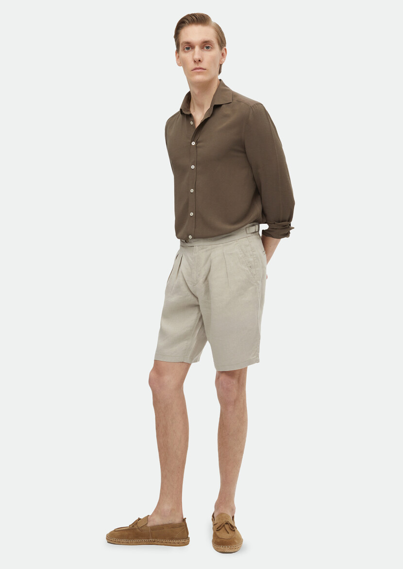 Bej Düz Dokuma Carrot Fit Casual %100 Keten Bermuda - RAMSEY