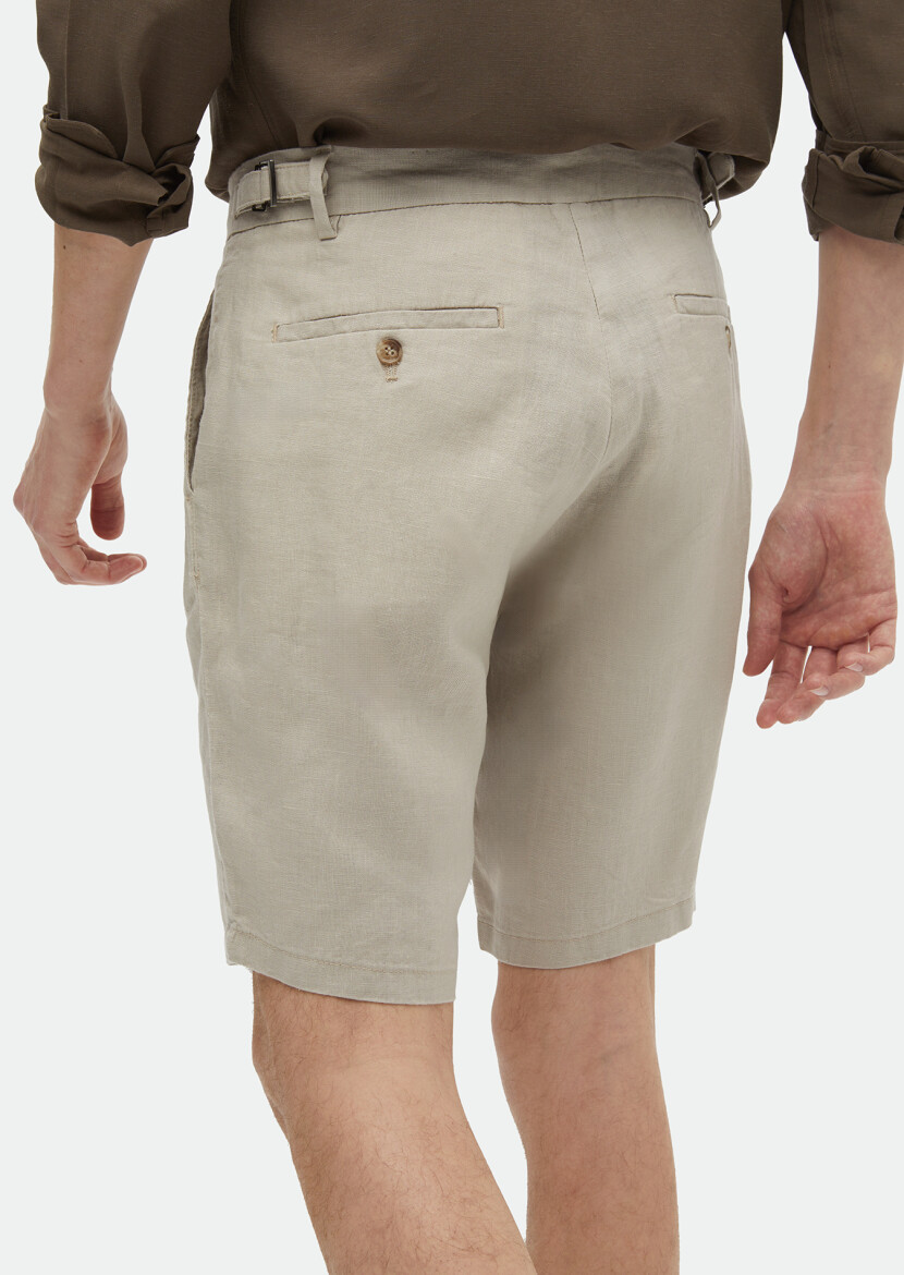 Bej Düz Dokuma Carrot Fit Casual %100 Keten Bermuda - 4