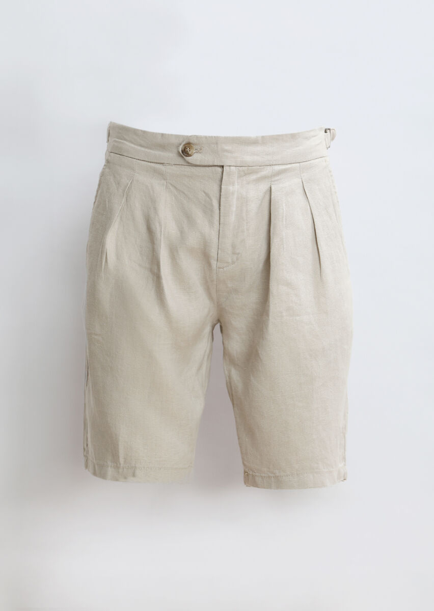 Bej Düz Dokuma Carrot Fit Casual %100 Keten Bermuda - 5