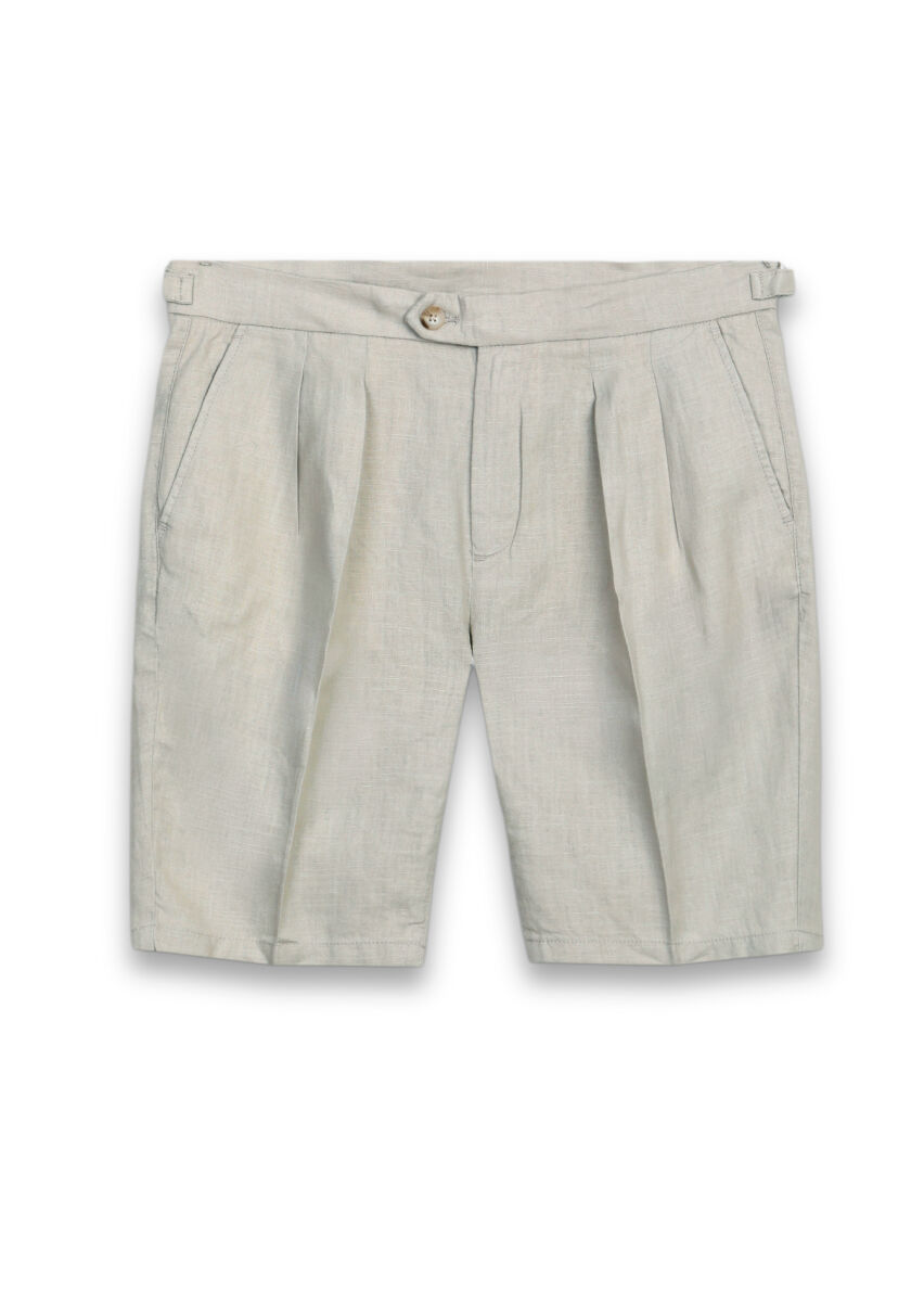 Bej Düz Dokuma Carrot Fit Casual %100 Keten Bermuda - 5