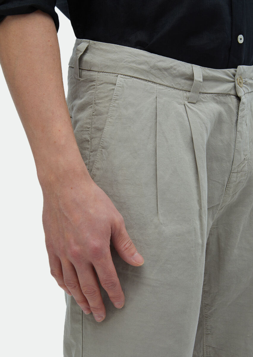 Bej Düz Dokuma Carrot Fit Casual %100 Pamuk Bermuda - 4