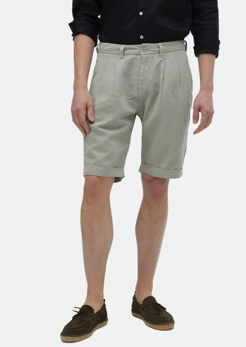 Bej Düz Dokuma Carrot Fit Casual %100 Pamuk Bermuda 
