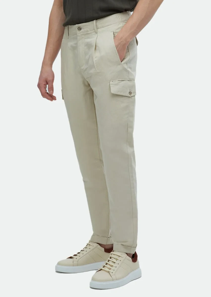 Bej Düz Dokuma Carrot Fit Casual Pamuk Karışımlı Pantolon - 3