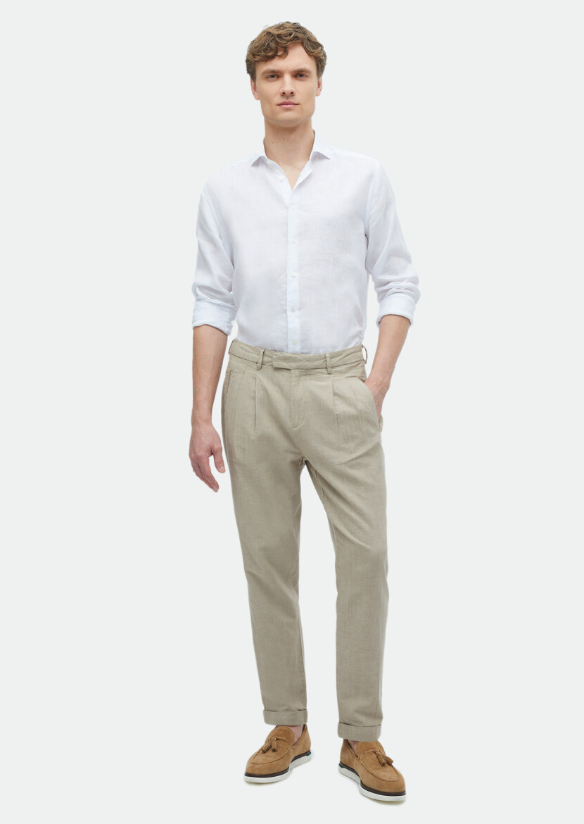 Bej Düz Dokuma Carrot Fit Casual Pamuk Karışımlı Pantolon - RAMSEY