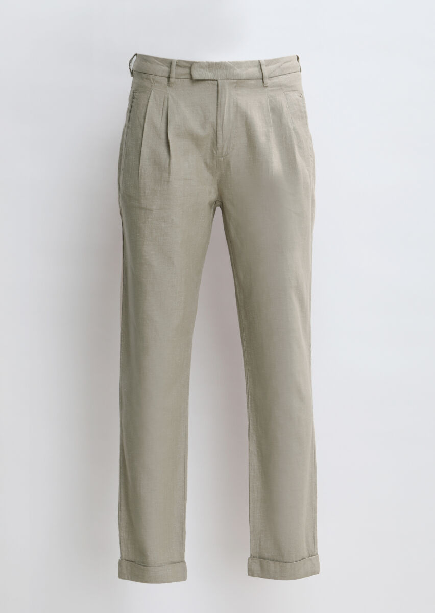 Bej Düz Dokuma Carrot Fit Casual Pamuk Karışımlı Pantolon - 5